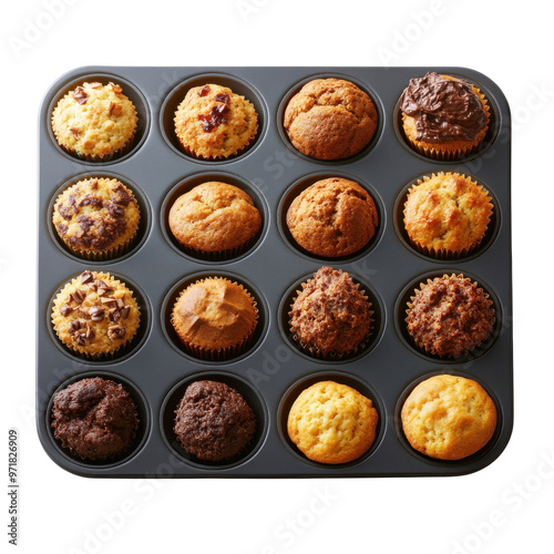 A freshly baked assortment of muffins in a black muffin tray, perfect for any breakfast or snack occasion.