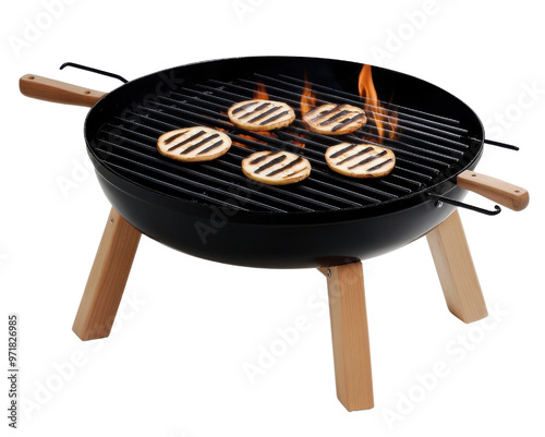 A modern barbecue grill with wooden legs, cooking delicious patties over an open flame, ideal for outdoor gatherings and summer fun. photo