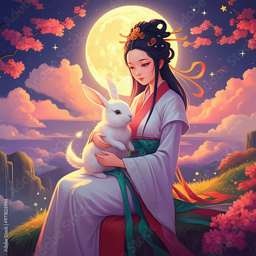 Mid-autumn festival theme illustration, mythical chinese goddess chang'e and jade rabbit, full moon, celestial landscape, 嫦娥, 中秋节 photo