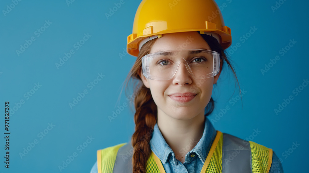 Portrait of smiling female engineer with yellow safety helmet and vest on plain blue background. Generative AI Portrait of smiling female engineer with yellow safety helmet and vest on plain blue background. Generative AI