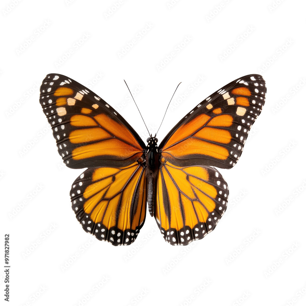 Fototapeta premium A vibrant monarch butterfly showcasing its stunning orange and black wings, symbolizing beauty and transformation in nature.