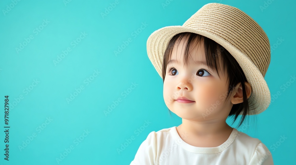 A baby girl wearing a straw hat looking off to the side. A baby girl wearing a straw hat looking off to the side.