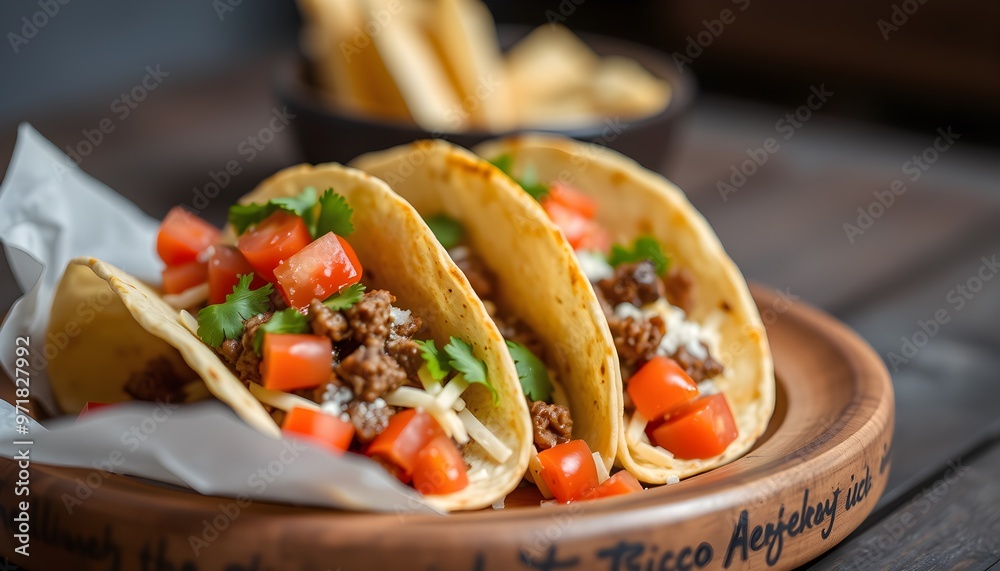 Delicious Tacos with Toppings on Wooden Plate