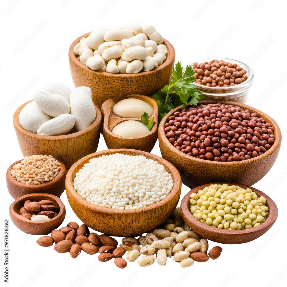 Naklejka premium Assorted beans and legumes in wooden bowls, perfect for healthy cooking, vegetarian recipes, and nutrient-rich meals.