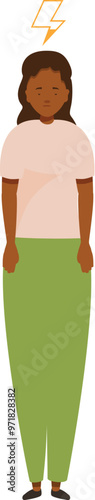 Young woman is standing with a sad expression and a lightning bolt over her head, symbolizing frustration, exhaustion, or a sudden idea