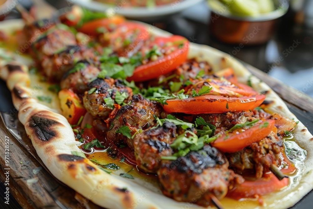 Grilled meat skewers on pita bread. Perfect for illustrating recipes, food blogs, and restaurant menus. Grilled meat skewers on pita bread. Perfect for illustrating recipes, food blogs, and restaurant menus.