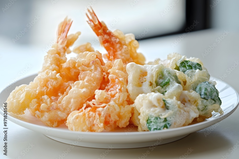 Crispy Fried Shrimp and Vegetables Tempura on a White Plate Crispy Fried Shrimp and Vegetables Tempura on a White Plate