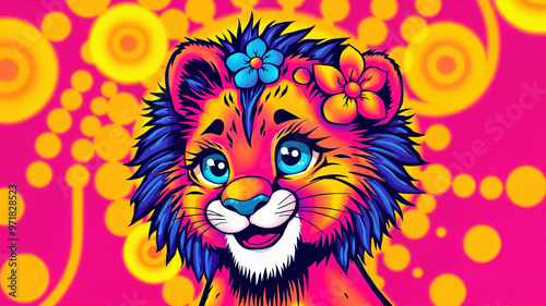 Pop art like portrait of a young lioness cub with flowers on her head in vibrant saturated color, trippy hippie hallucination background, fabulously vivid wildlife illustration  photo