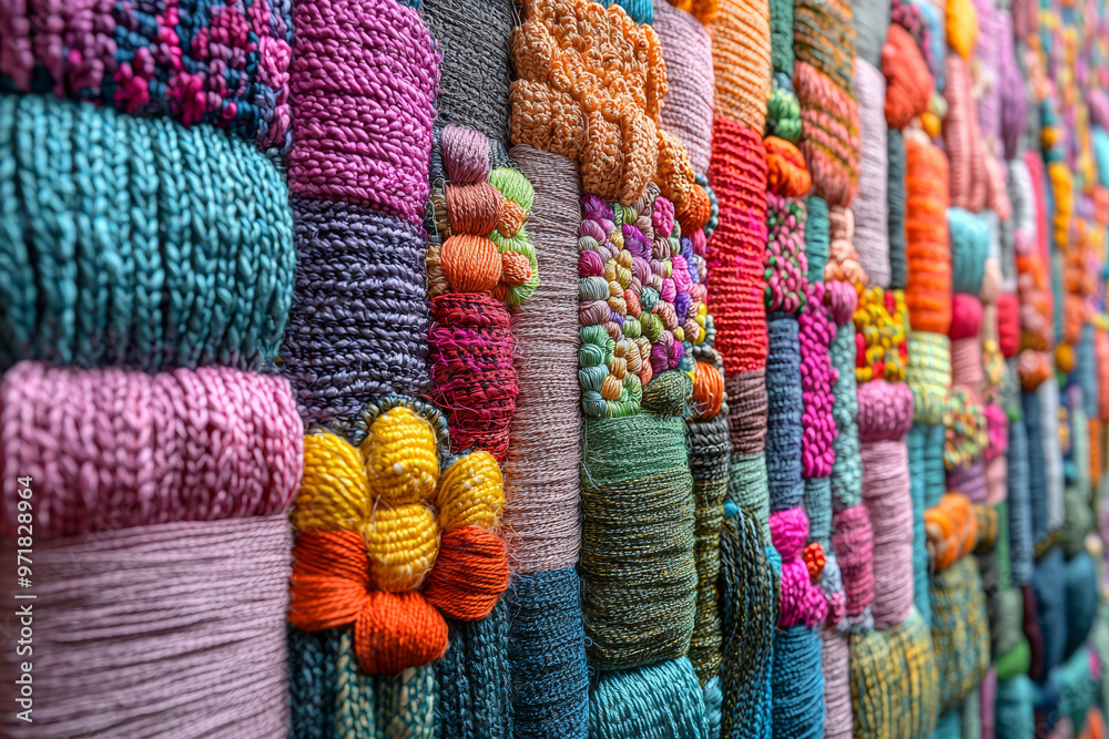 A wall covered in colorful yarn art, where different threads create patterns that represent various data points. Concept of artistic data visualization. A wall covered in colorful yarn art, where different threads create patterns that represent various data points. Concept of artistic data visualization.