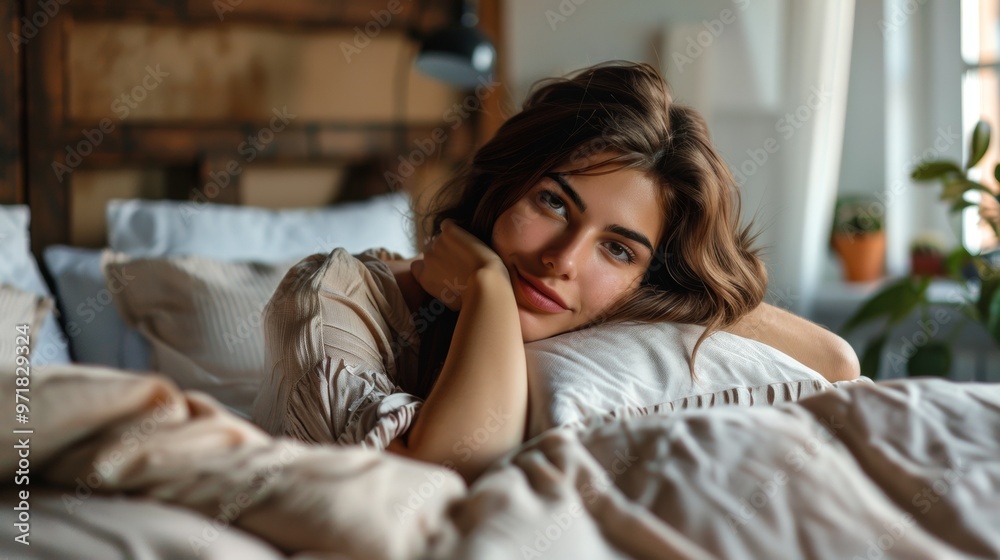 beautiful woman smiling at the camera lying in her bed beautiful woman smiling at the camera lying in her bed