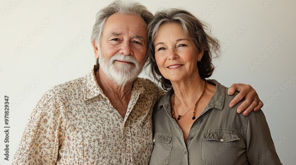 Happy Senior Couple Smiling and Embracing Each Other Against a Plain Background Happy Senior Couple Smiling and Embracing Each Other Against a Plain Background