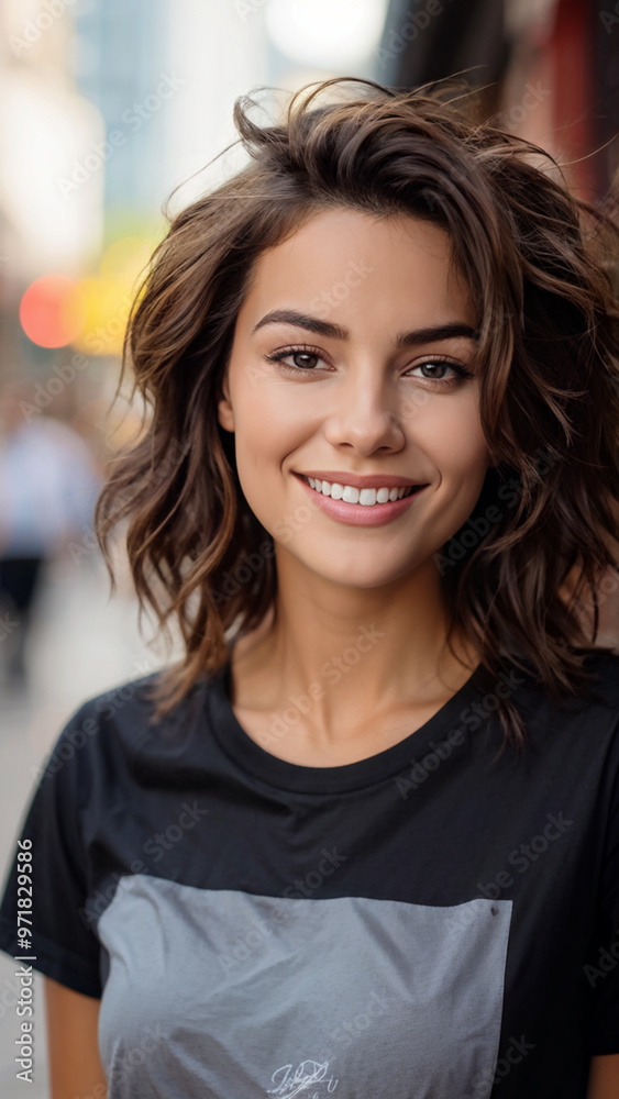 Confident Young Woman Smiling in Stylish T-Shirt Confident Young Woman Smiling in Stylish T-Shirt
