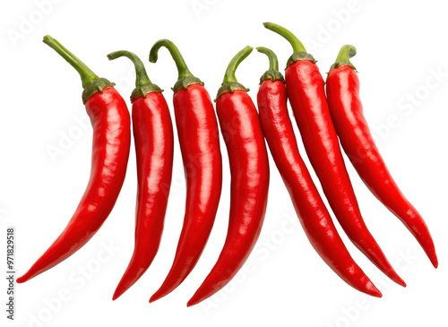 Fresh red chili peppers arranged in a line, perfect for cooking or adding spice to dishes, showcasing vibrant color and texture.