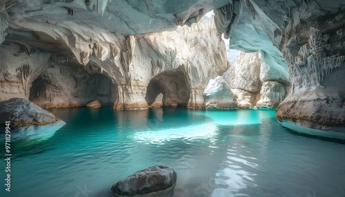 Cosmic cave with exotic walls and clear water.