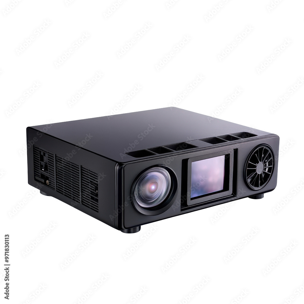 Modern black projector with a sleek design, ideal for presentations, home theaters, and multimedia entertainment setups. Modern black projector with a sleek design, ideal for presentations, home theaters, and multimedia entertainment setups.