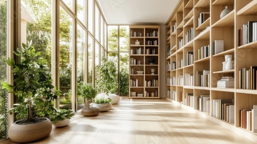 Spacious Library with Large Windows and Bookshelves