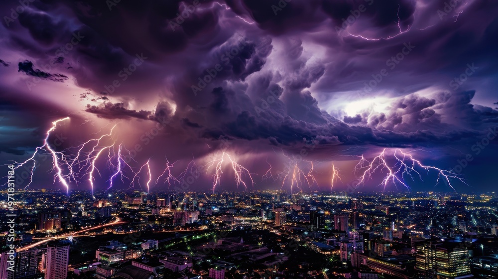 Fototapeta premium Lightning Storm Over Cityscape