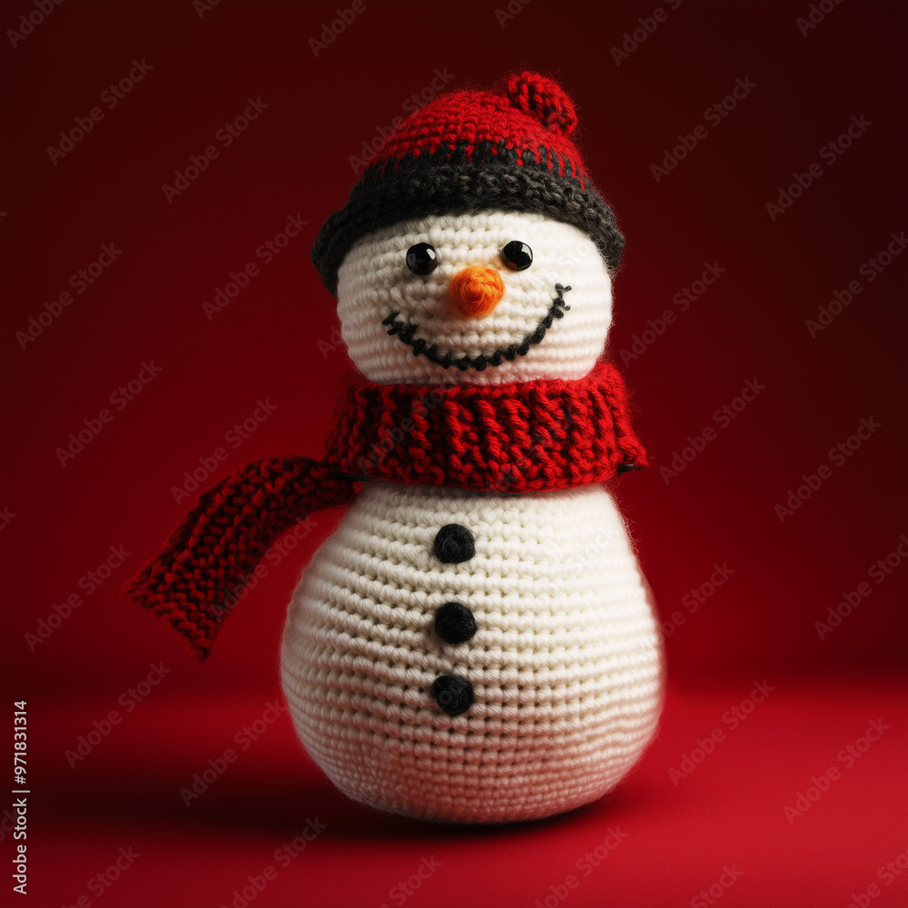 A crochet snowman with a red scarf and stocking cap - on a red studio background - close up of a cute knitted christmas holiday kids toy or craft idea A crochet snowman with a red scarf and stocking cap - on a red studio background - close up of a cute knitted christmas holiday kids toy or craft idea