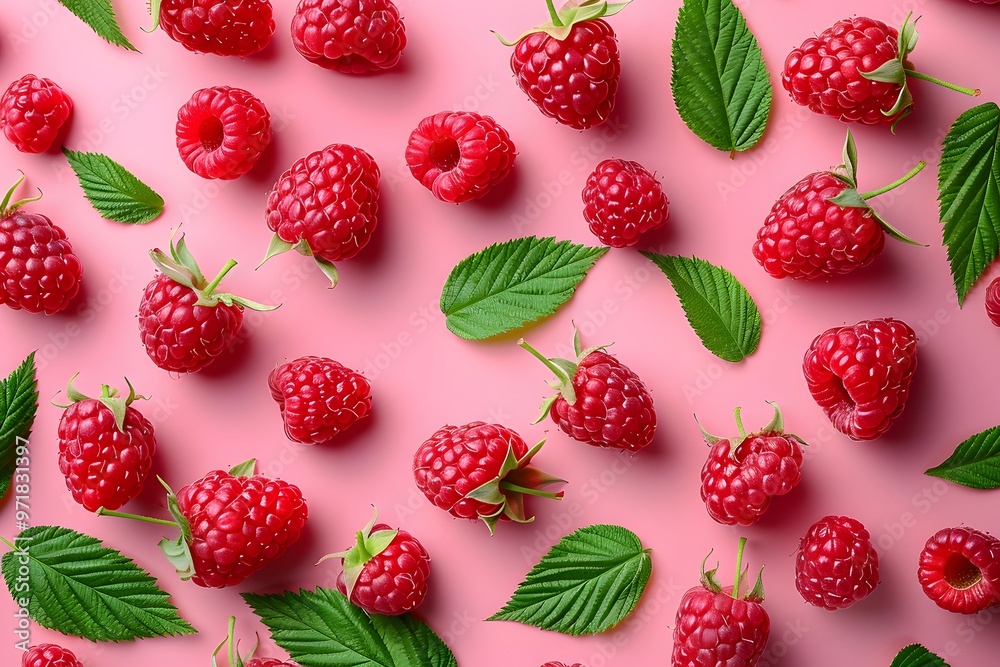 Red raspberries with green leaves. Red raspberries with green leaves.