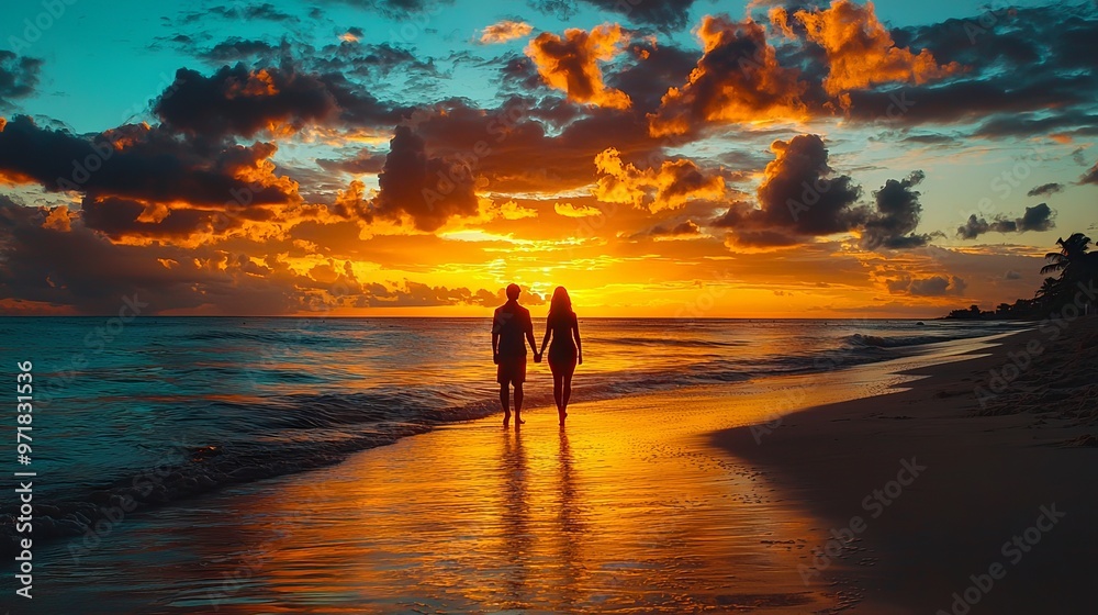 Fototapeta premium Couple walking on the beach at sunset with colorful sky
