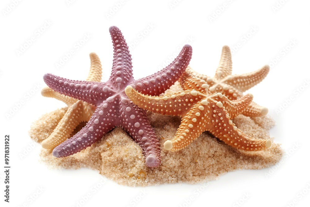 Starfish resting on a sandy pile against a bright white background, showcasing nature\'s beauty in a simple coastal arrangement Starfish resting on a sandy pile against a bright white background, showcasing nature\'s beauty in a simple coastal arrangement