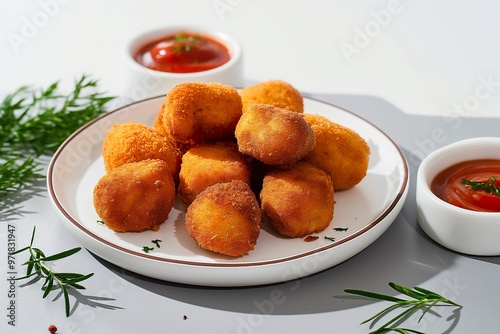 Deliciously golden fried croquettes served with tangy dipping sauce on a clean white plate