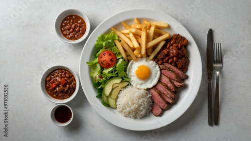 grilled steak brazilian food french fries top view