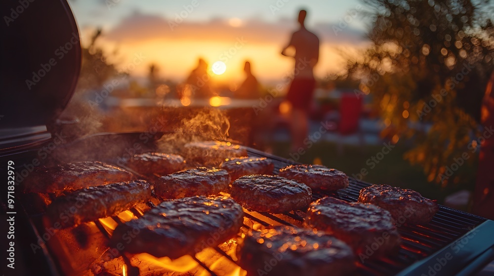 A vibrant backyard barbecue at sunset, glowing embers under a grill loaded with sizzling burgers and steaks, friends laughing and enjoying the warm summer breeze
