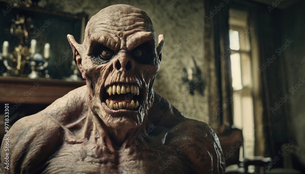 A monstrous creature with sharp teeth and menacing expression in a dimly lit environment