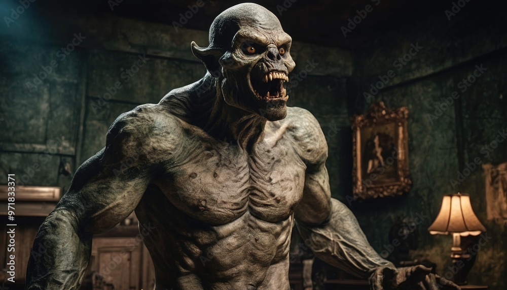 A monstrous creature with sharp teeth and menacing expression in a dimly lit environment A monstrous creature with sharp teeth and menacing expression in a dimly lit environment