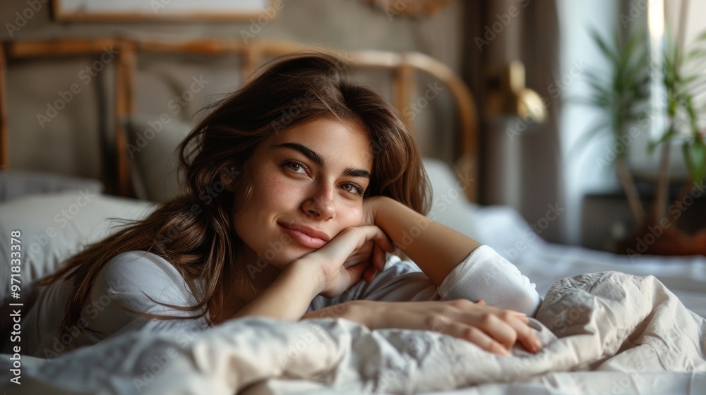 beautiful woman smiling at the camera lying in her bed beautiful woman smiling at the camera lying in her bed