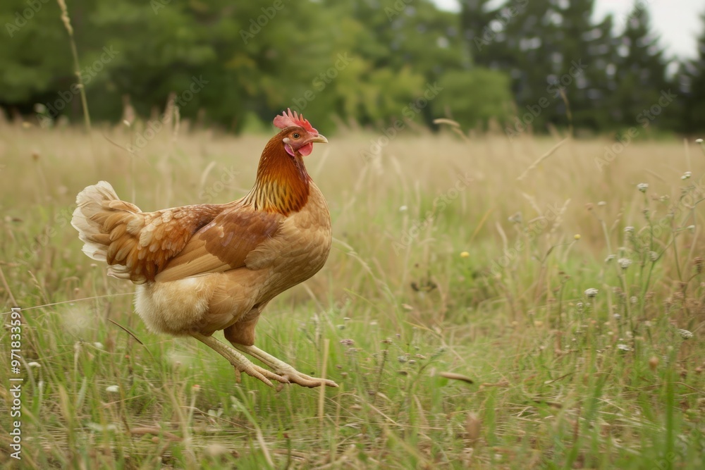 Fototapeta premium A chicken running freely in a field, its wings flapping and its tail wagging as it enjoys the open space