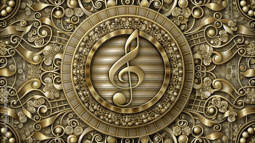 Obraz premium A gold treble clef on a golden background with intricate scrollwork.