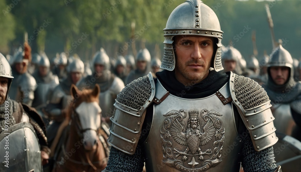 Knight in shining armor stands ready for battle surrounded by fellow soldiers on a historical battlefield Knight in shining armor stands ready for battle surrounded by fellow soldiers on a historical battlefield