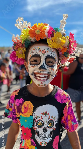 Child celebrates the Day of the Dead with a Catrina costume on a street adorned with colorful decorations