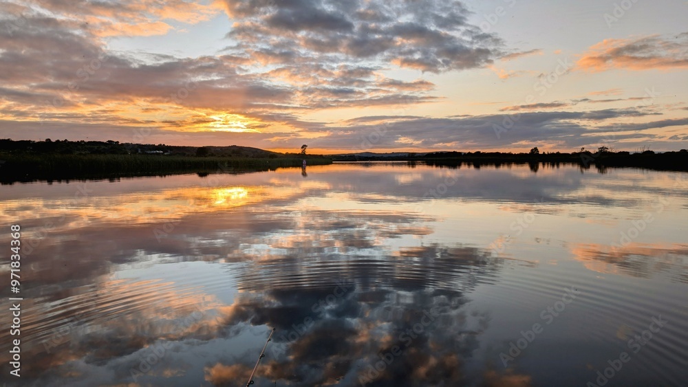Beautiful sunset landscaper scenery, sky reflected in Corrib river at Galway, Ireland, nature background, wallpaper