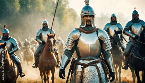 Knight in shining armor stands ready for battle surrounded by fellow soldiers on a historical battlefield