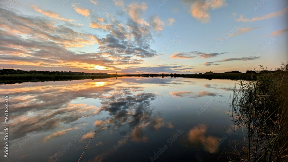 Beautiful sunset landscaper scenery, sky reflected in Corrib river at Galway, Ireland, nature background, wallpaper