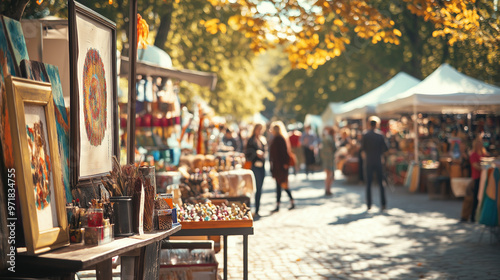a bustling september art and craft fair featuring local artistsâ€™ work, handcrafted items, and colorful fall decorations