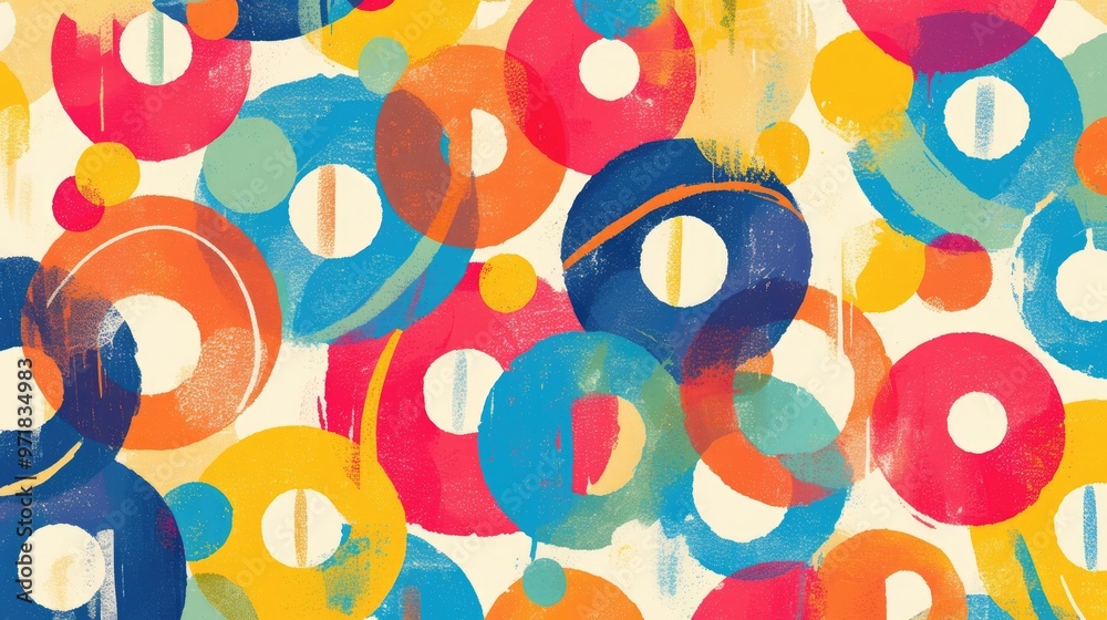 Vibrant abstract circles in shades of blue red pink green and yellow create a playful textile pattern suitable for children featuring a multicolored background with pastel accents