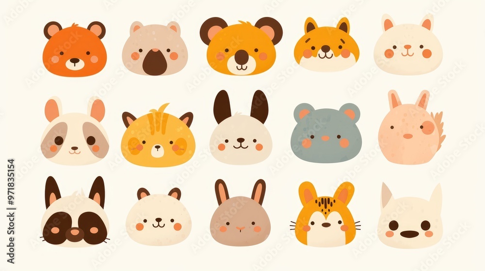 Set of vector illustrations featuring cute baby animal faces Hand drawn character cards ideal for printing graphics and posters with a trendy Scandinavian design for kids Set of vector illustrations featuring cute baby animal faces Hand drawn character cards ideal for printing graphics and posters with a trendy Scandinavian design for kids
