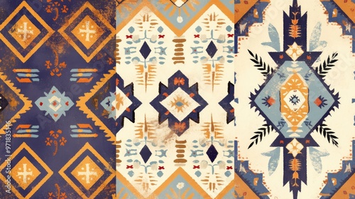 Pattern painting for background design featuring arabesque ethnic textures and geometric stripes Repeating design suitable for textile prints carpets and floor tiles