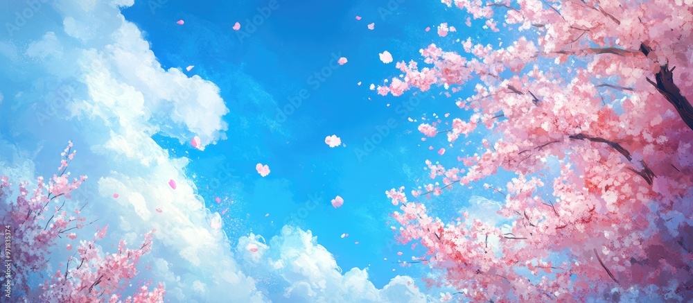 Fototapeta premium Painting of a vibrant blue sky with cherry blossoms in full bloom