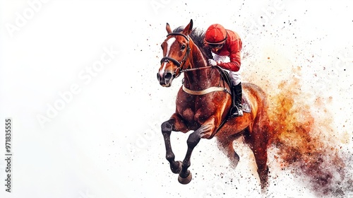 illustration Horse racing with a rider in red gear galloping at high speed in a dynamic shot