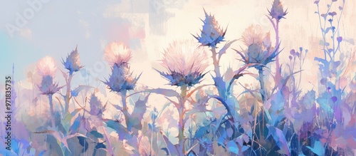 Painting of a thistle plant featuring pink blossoms
