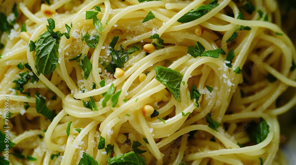 a close-up, top-down view of lemon and herb spaghetti, filling the entire frame with the focus on the pasta's intricate details a close-up, top-down view of lemon and herb spaghetti, filling the entire frame with the focus on the pasta's intricate details