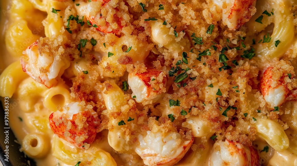 a close-up, top-down view of lobster mac and cheese, filling the entire frame with the focus on the pasta's intricate details