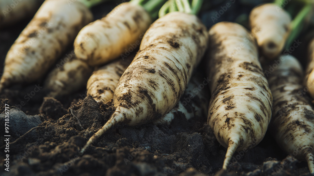 a detailed shot of freshly harvested parsnips, their pale roots still covered in clumps of dark, moist soil a detailed shot of freshly harvested parsnips, their pale roots still covered in clumps of dark, moist soil