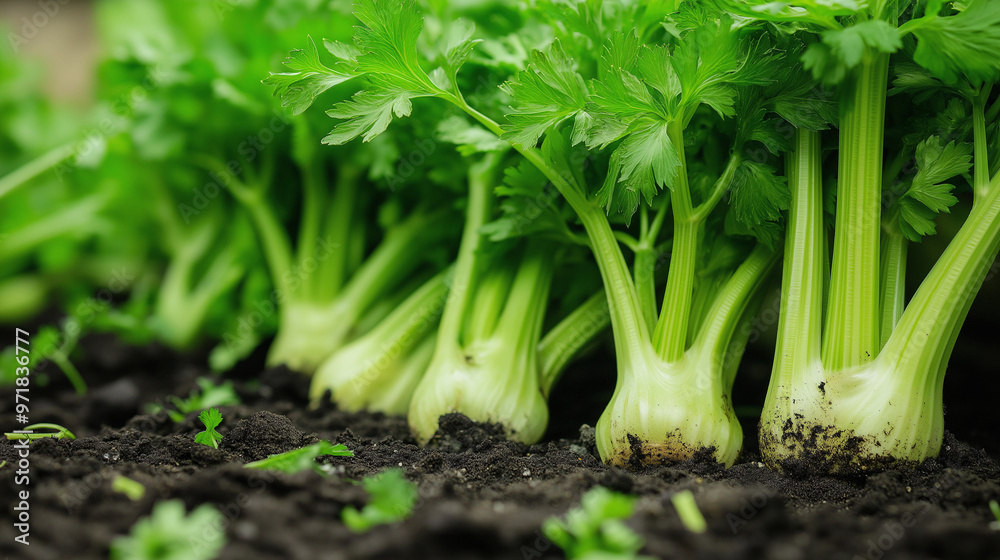 Obraz premium a detailed view of freshly harvested celery stalks, with their green leaves and roots still carrying some dark, wet soil