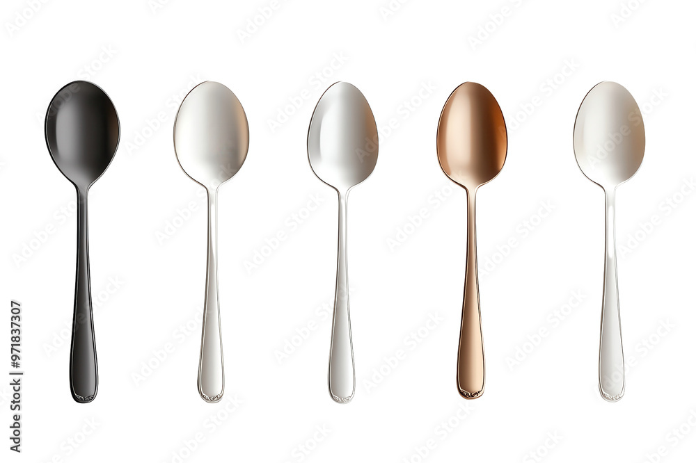 A set of five elegant spoons in different metallic finishes isolated on a white background, transparent background. A set of five elegant spoons in different metallic finishes isolated on a white background, transparent background.